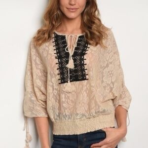 Love Riche Navy Lace Embroidered BOHO Top L